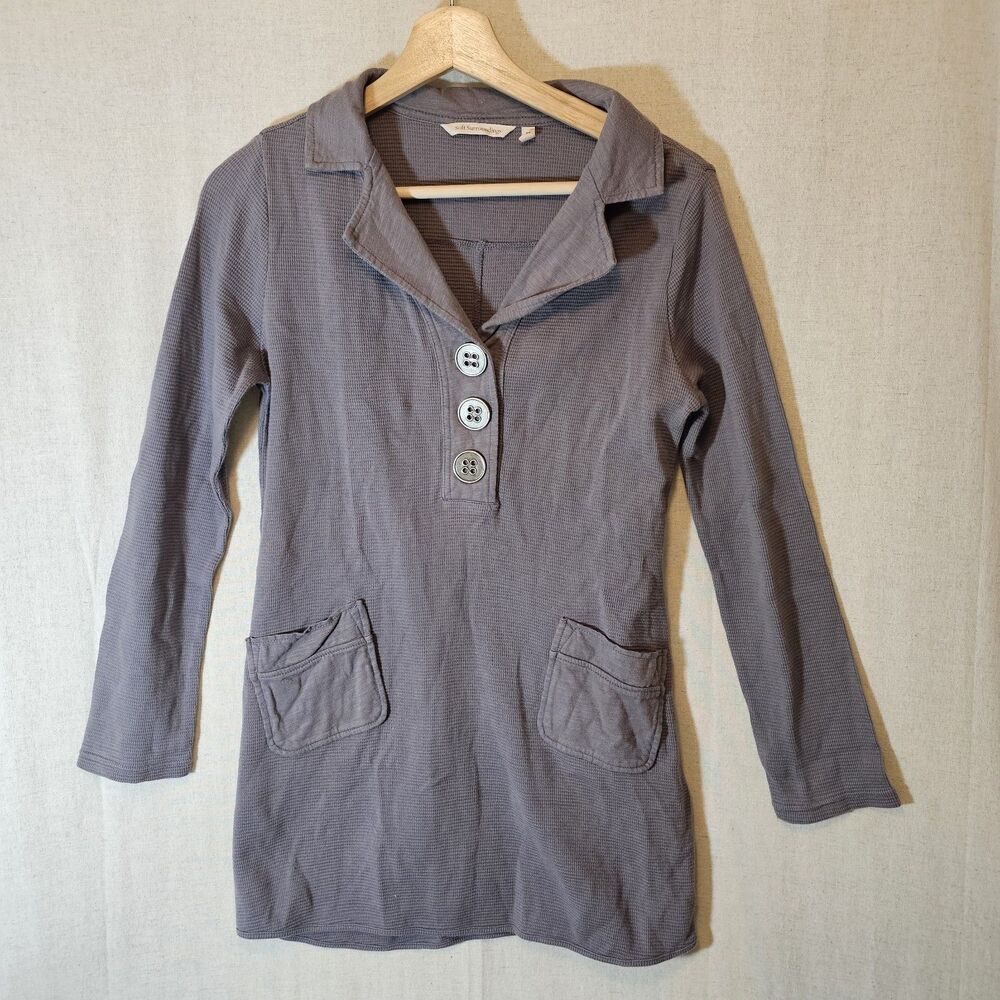 Soft Surroundings XS Gray Take Two Tunic Top Waffle Knit Thermal Buttons Collar